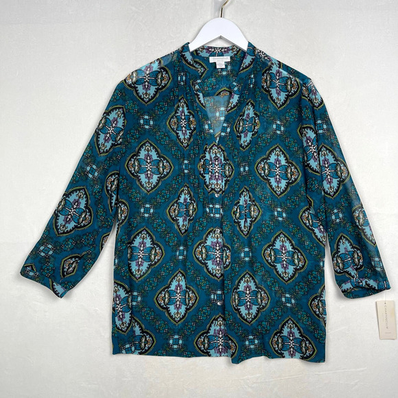 NWT Charter Club Teal V-Neck Button Up Tuxedo Pleated Blouse Tunic Large Petite - Picture 8 of 16